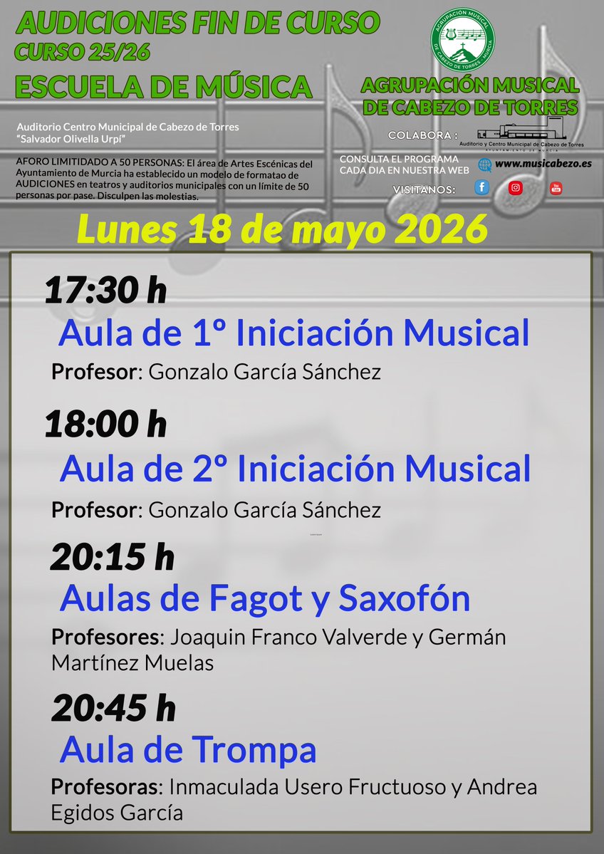 AMCT_OFICIAL's tweet photo. AMCT | ESCUELA DE MÚSICA
Comenzamos las Audiciones de Fin de Curso 2025/2026 con las Aulas de 1º y 2º de Iniciación Musical, Fagot, Saxofón y Trompa https://t.co/NflgaFdSS1