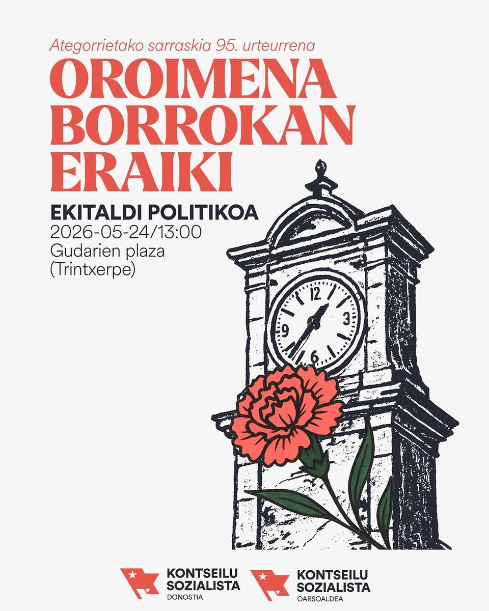 Kontseilua_Don's tweet photo. 🚩𝗢𝗥𝗢𝗜𝗠𝗘𝗡𝗔 𝗕𝗢𝗥𝗥𝗢𝗞𝗔𝗡 𝗘𝗥𝗔𝗜𝗞𝗜🚩
𝐴𝑡𝑒𝑔𝑜𝑟𝑟𝑖𝑒𝑡𝑎𝑘𝑜 𝑠𝑎𝑟𝑟𝑎𝑠𝑘𝑖𝑎 95. 𝑢𝑟𝑡𝑒𝑢𝑟𝑟𝑒𝑛𝑎
Aurten 95 urte beteko dira espainiar errepublikaren agindupean zegoen Goardia Zibilak, Trintxerpetik Donostiara zihoan langile protesta bat tirokatu zuenetik. https://t.co/4NXTTFVhKv