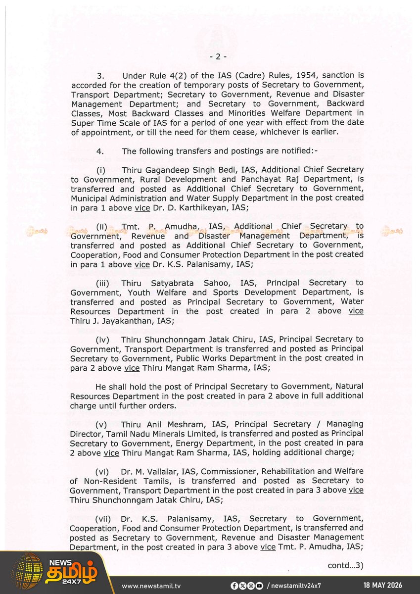 NewsTamilTV24x7's tweet photo. IAS Officers Transferred | தமிழ்நாட்டில் IAS அதிகாரிகளை இடமாற்றம் செய்து தமிழ்நாடு அரசு உத்தரவு
IAS Officers | Transfer Order
#IASOfficers | #TransferOrder | #Newstamil24x7 | #Tamilnews https://t.co/TnGkxnFRzg