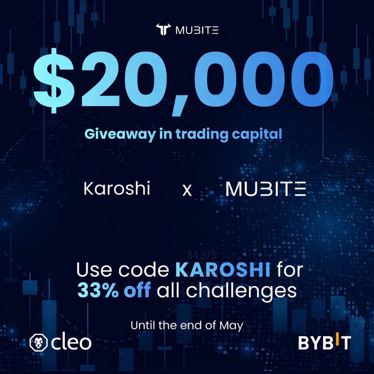 0xKaroshi's tweet photo. Excited to announce this $20,000 Giveaway in funded capital with @MUBITE_COM 

Here's how to enter:
➢ Follow @0xKaroshi and @MUBITE_COM 
➢ Like/RT this tweet
➢ Comment explaining "Why should you be one of the winners? why you deserve the funded capital, how you would use it, and how it would help you take your trading to the next level."

🔰 We will select 4 winners, and each winner will receive $5,000 in funded capital.

Mubite is the best prop-firm platform for crypto traders: 
➛ Trade on Bybit or Cleo directly
➛ Trade upto 600+ pairs
➛ Get upto 100x Leverage
➛ Get Instant Funding without challenges!

Use code: KAROSHI for 33% discount on all challenges. Link to join in the first comment below.