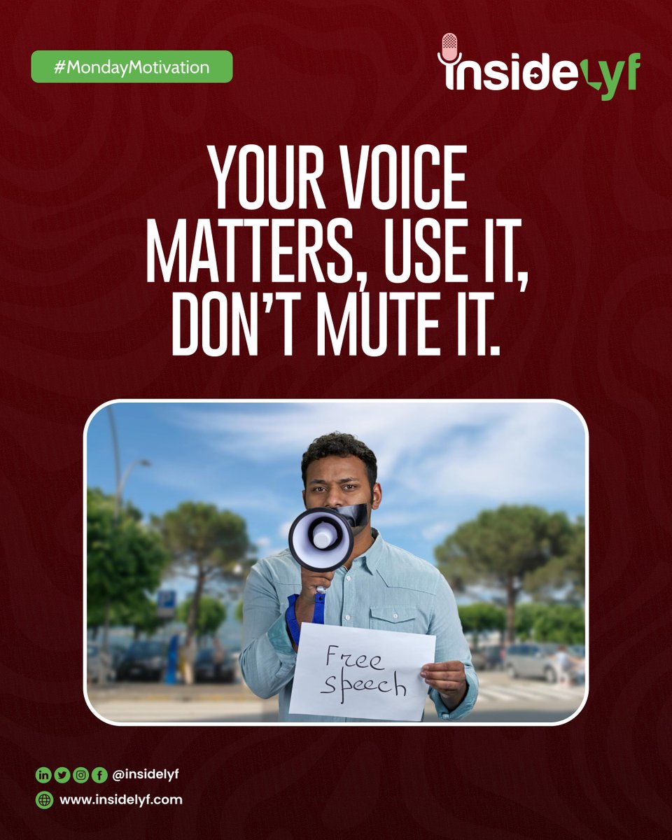 realinsidelyf's tweet photo. Your voice matters.

Use it. Don’t mute it. 🎙️💚

#MondayMotivation #YourVoiceMatters #SpeakUp #InsideLyf https://t.co/pLXgFxsFkn