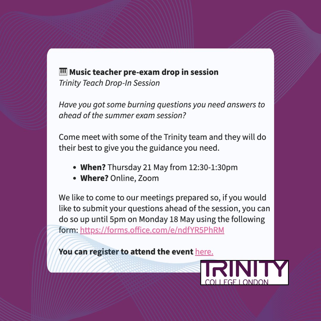 EptaUK's tweet photo. 🎹 Music teacher pre-exam drop in session
Trinity Teach Drop-In Session

Have you got some burning questions you need answers to ahead of the summer exam session?

Come meet with some of the Trinity team and they will do their best to give you the guidance you need. https://t.co/9qKLi27Hu9