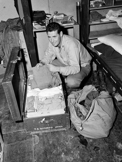 Jimfrombaseball's tweet photo. When asked which was the best team he had ever played for, Ted Williams responded without hesitation:
"The United States Marine Corps."
Ted Williams packs his flying clothes into a footlocker at the First Marine Air Wing bay,
Korea,1953.
Ted Williams had a:
.436 on base percentage in the 1930's,
.496 in the 1940's,
.476 in the 1950's,
.451 in the 1960's.
