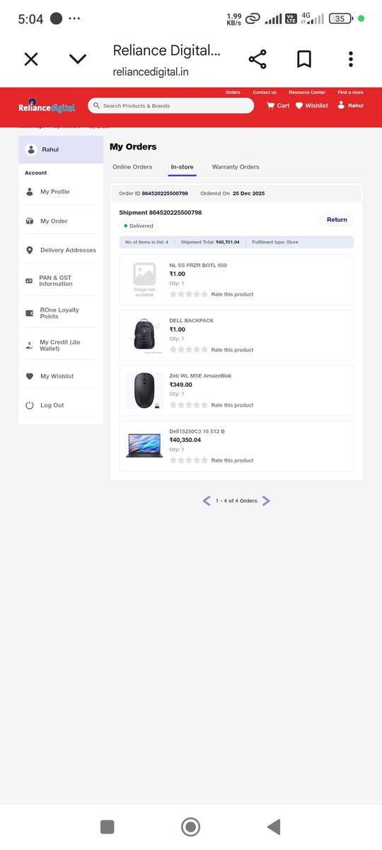 RahulBhuria18's tweet photo. @RelianceDigital Paid for a Dell laptop  at Reliance store,Vadodara, but the store never handed over my wireless mouse. Now to dodge accountability for this missing item, their team is using cheap 1-ring fake call tactics to falsely claim I'm "unanswered." ​Order 864520225500798 https://t.co/aonE6sIWZy