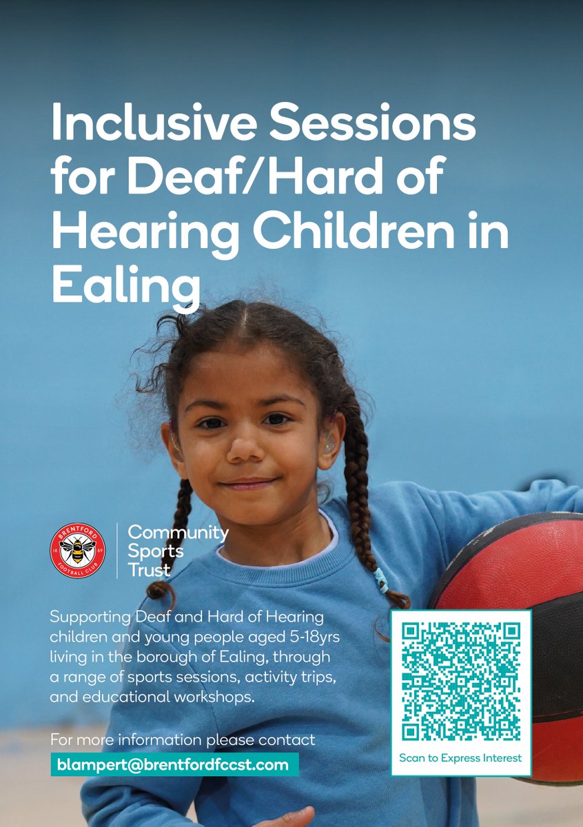 BrentfordFCCST's tweet photo. We deliver numerous Inclusive Sessions for children who are deaf or hard of hearing who live in the London Borough of Ealing.
Find out more and register your interest via this form, and one of the team will get back to you โก๏ธ https://t.co/oAsYpxzdaP
#RealisingPotential I @EalingCouncil