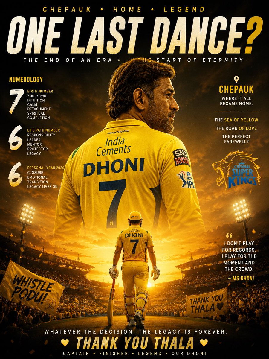 chinonnifty's tweet photo. Birth No. 7️⃣
Personal Year 6️⃣
Legacy Closure & Emotional Transition
Is the universe hinting a perfect farewell script for MS Dhoni at Chepauk? 💛👀
Fans should hope @msdhoni skips the match tonight so that the “One Last Dance” story survives for another year. 🏟️✨
#CSK #NUMO https://t.co/Nq0Ylxv1U7