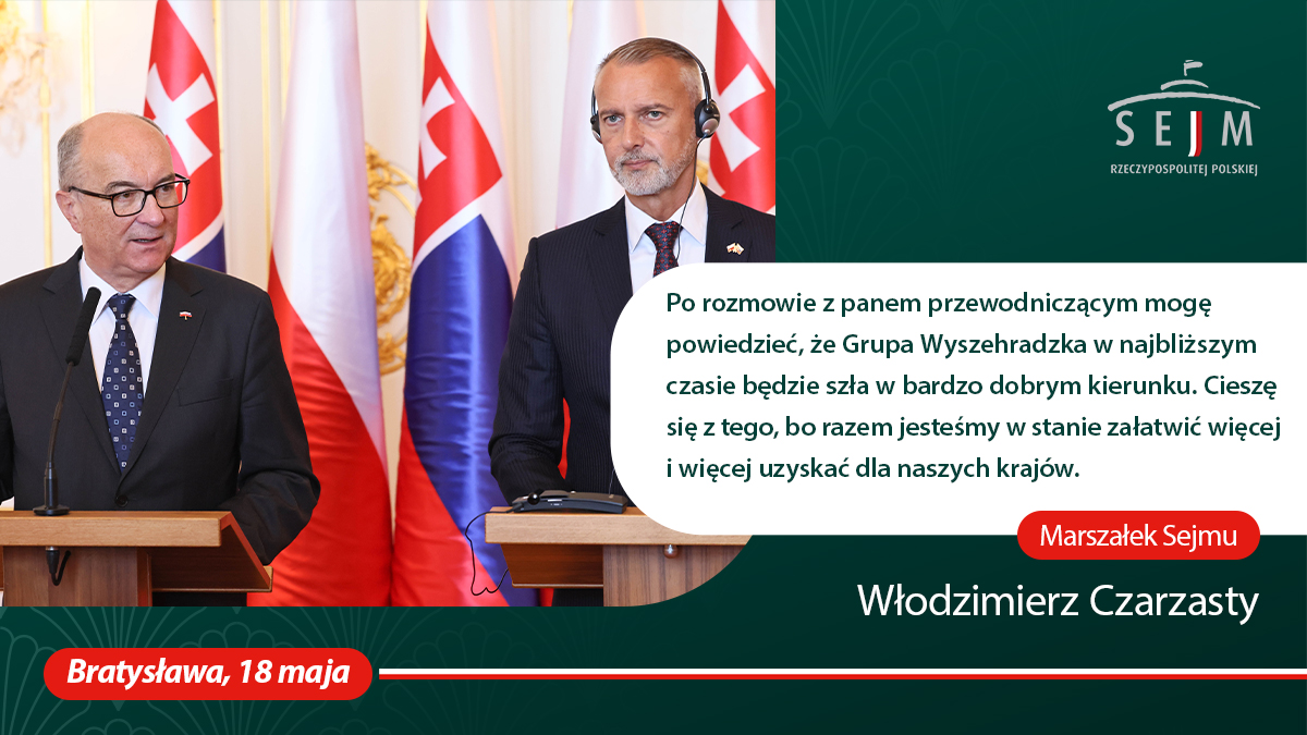 KancelariaSejmu's tweet photo. W Bratysławie marszałek Sejmu @wlodekczarzasty rozmawiał z przewodniczącym Rady Narodowej Republiki Słowackiej @Richard_Rasi o współpracy parlamentarnej w ramach Grupy Wyszehradzkiej. Słowacja obejmie przewodnictwo w V4 wraz z początkiem lipca. https://t.co/VC5SObzeGN