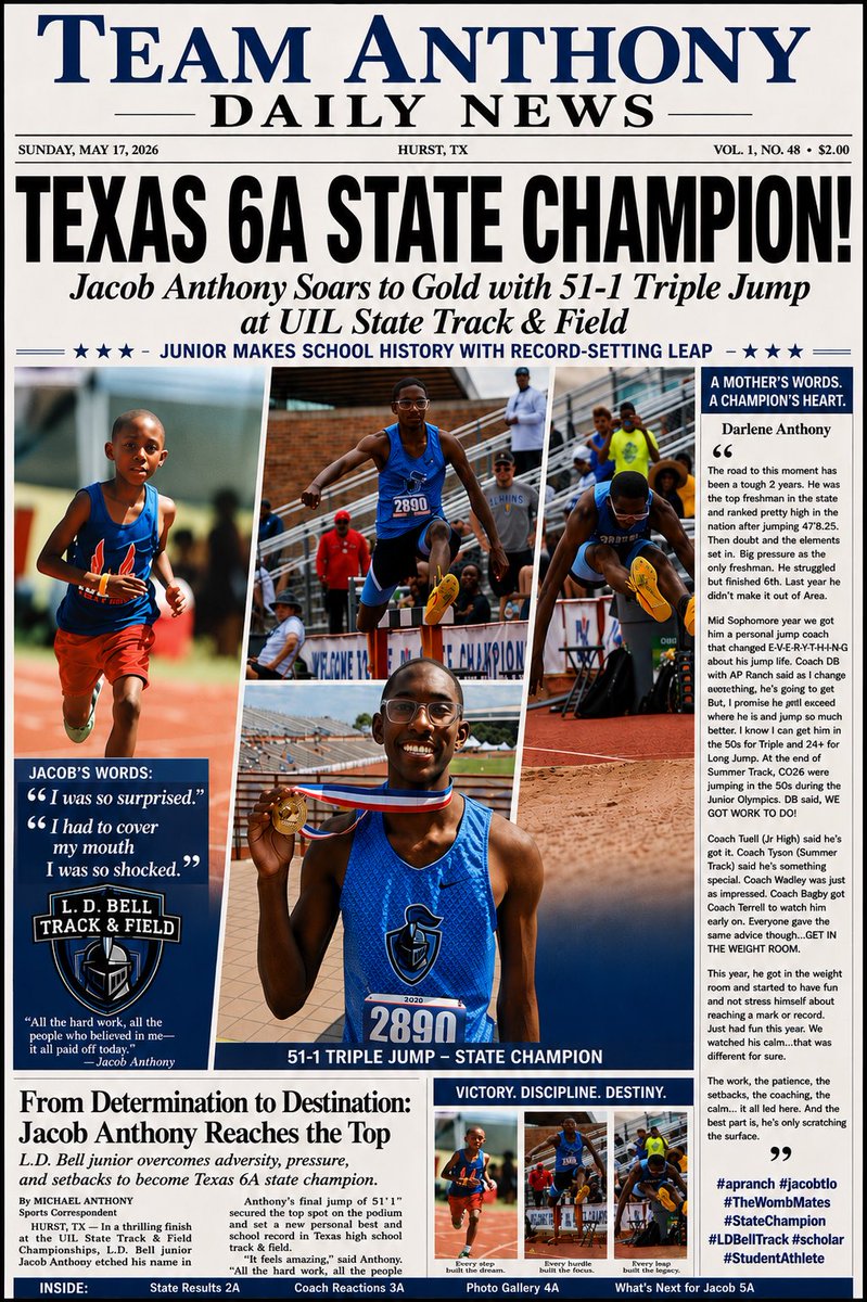 MsAlgebraDA's tweet photo. The work, the patience, the setbacks, the coaching, the maturity it all led to this moment.

#LDBellTrack #apranch #slimreaper #studentathlete #statechampion #collegeprospect #TeamJump @LDBELLTRACK @TXStateTrack @USC_Track_Field @TexasTechTF @aggietfxc @OhioStateTFXC https://t.co/lt1IgXeryN