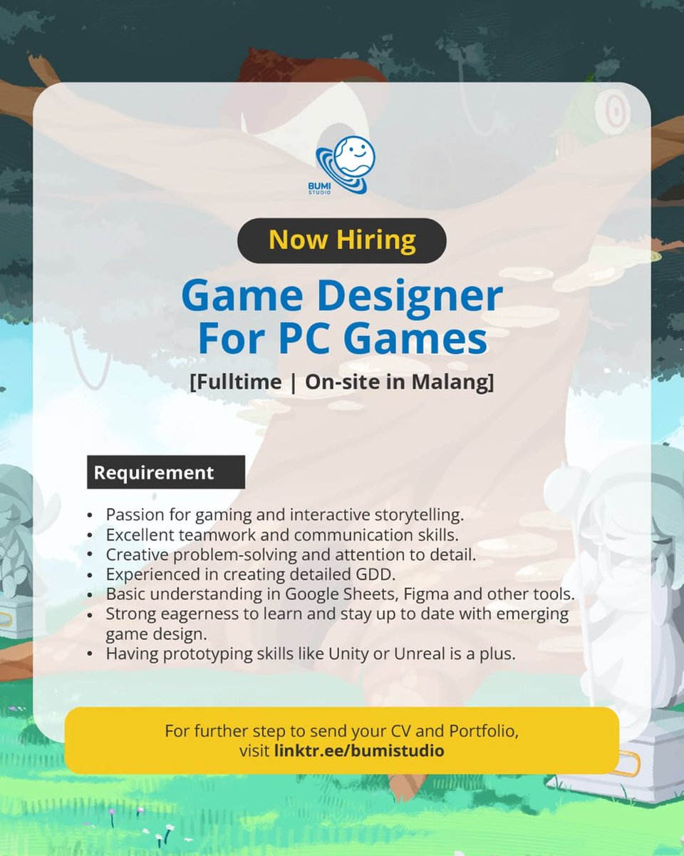 PrimbonGame's tweet photo. Bumi Studio sedang membuka lowongan kerja untuk posisi Game Designer (PC Games)

📍 Full-time | On-site (Malang, Indonesia)
📩 Untuk submit CV &amp; Portofolio, kunjungi link berikut https://t.co/ppZnXcB6S0 https://t.co/L4ZHPipsJ2