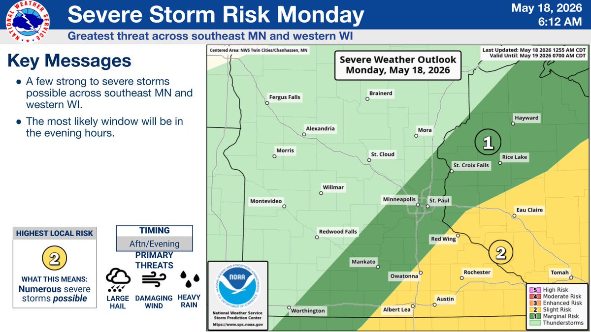 NWSTwinCities's tweet photo. Another round of showers and storms are likely today, with a few strong to severe possible over southeast MN and west-central WI, though the best environment is to the south of us. https://t.co/JAWw5KameB