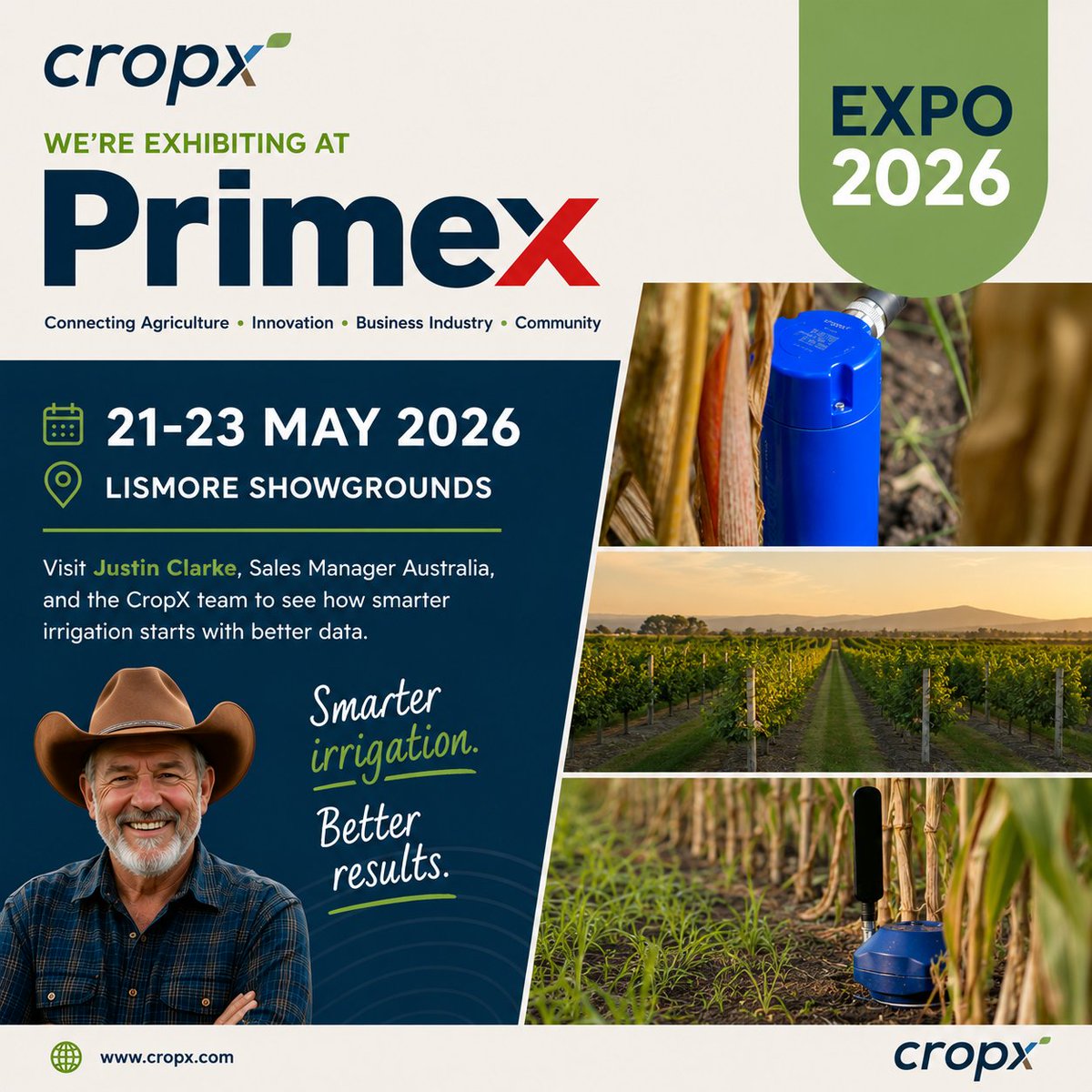 crop_x's tweet photo. Heading to @primexaus 2026? 🌱

Visit Justin Clarke and the CropX team at Lismore Showgrounds, 21–23 May. See how Apex, Vertex and Evato help growers make smarter irrigation decisions with real-time soil moisture and ET insights. 💧

📅 21–23 May 2026
🌐 https://t.co/VuqGvL4FZw https://t.co/kF6SuvLi84