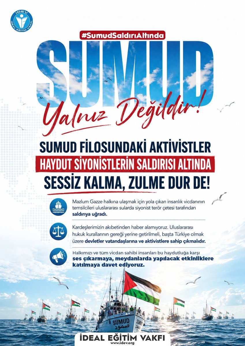 idealvakif's tweet photo. İnsanlığın yükünü omuzlayan #SumudSaldırıAltında !

Siyonist haydutlar, küresel vicdan hareketi Sumud filosuna uluslararası sularda saldırı düzenleyip aktivistlere müdahalede bulunuyor.

Bu barbarlığa karşı devletlerin ve uluslararası kuruluşların harekete geçip siyonist çeteye müeyyide uygulamalıdır.