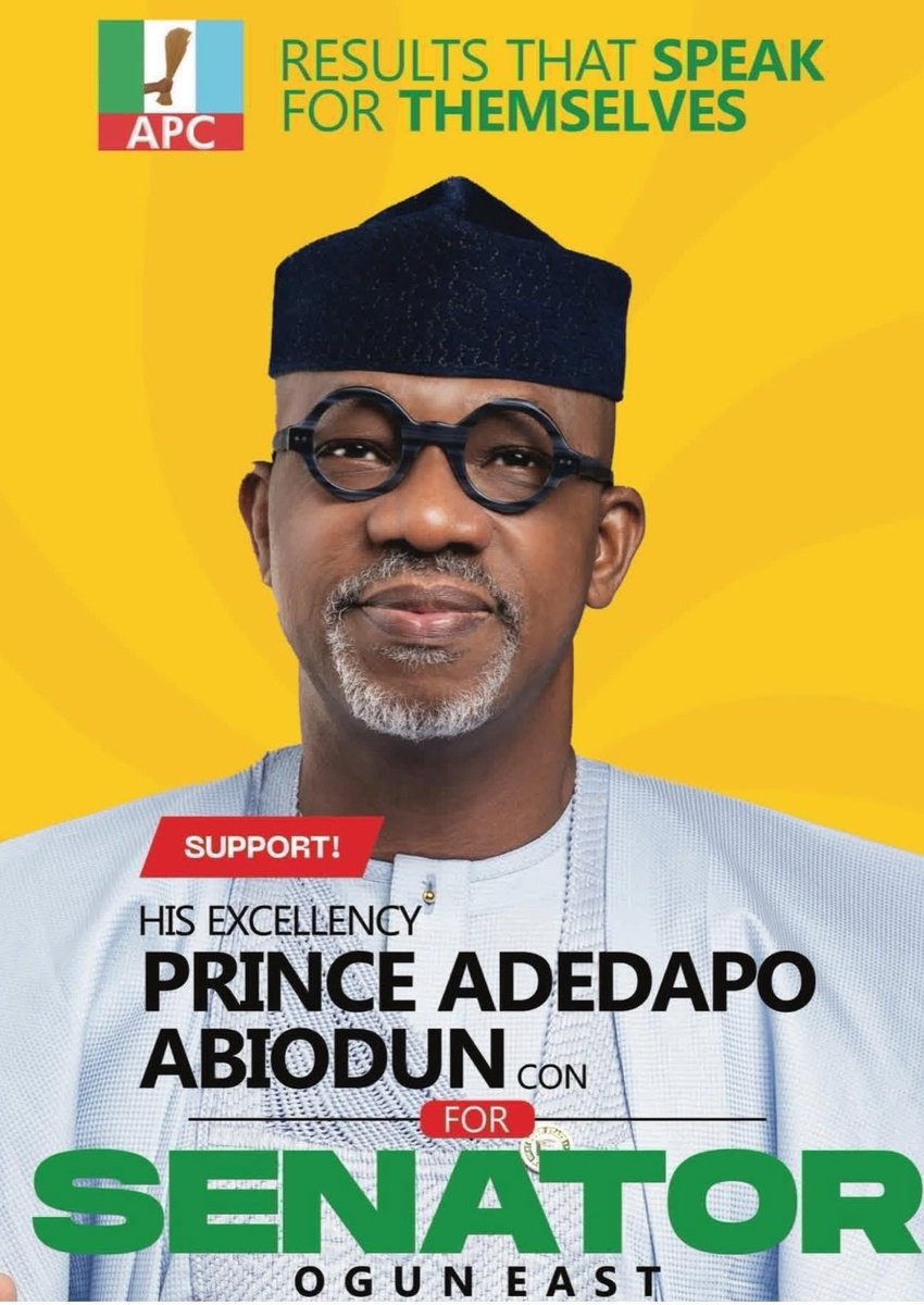 AdeHardemola's tweet photo. Prince Dapo Abiodun delivered ISEYA in Ogun: 
✅ 1,500km+ of roads 
✅ Gateway International Airport
✅ 3rd in IGR nationwide
Now he's taking that record to the Senate for Ogun East.
Experience that speaks. 
Results that count.
#AbiodunForSenate #OgunEast #APC https://t.co/pdRsR4hIzL