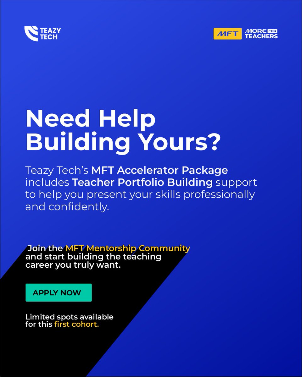 Teazy_Tech's tweet photo. As part of the More For Teachers Accelerator Package, Teazy Tech will support teachers in building and refining their professional portfolios to help them become more visible, competitive, and opportunity-ready. 
Join the MFT community today! Send us a DM for more details
#mftㅤ https://t.co/EJTlfjocXV
