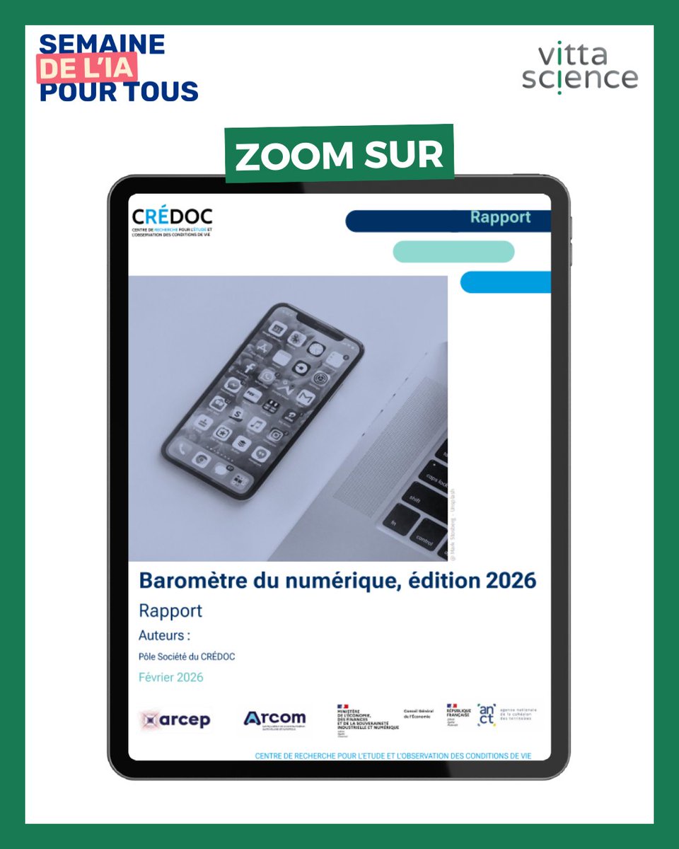 Vittascience's tweet photo. Semaine de l'IA pour Tous 🧠

Pour ouvrir cette semaine consacrée à l’intelligence artificielle, commençons par un constat :

✨ 48 % des Français déclarent utiliser aujourd’hui une IA générative, soit 15 points de plus que l'an dernier, selon le tout nouveau Baromètre du numérique 2026 réalisé par le @credoc pour l’ @Arcep , l’ @Arcom_fr , le Conseil général de l’économie (CGE) et l’ @ANCTerritoires - Agence nationale de la cohésion des territoires. Cette vitesse d’adoption inédite dépasse toutes les vagues technologiques précédentes.

Cette pratique est d’abord personnelle : les usages se multiplient dans la sphère privée, notamment pour la recherche d’informations, avec une poignée d’outils devenus familiers (comme ChatGPT).

Et côté jeunes ? Ces enquêtes menées en 2024 montrent déjà que l’usage des IA génératives est significatif dans les établissements : environ 50 % des collégiens et 77 % des lycéens déclarent les utiliser.

👉 Le constat est clair : l’IA générative s’est installée dans les pratiques quotidiennes, en particulier chez les jeunes, bien avant que son enseignement ne soit structuré dans les cursus scolaires. Il est fort probable que depuis ces enquêtes l'usage chez les jeunes s'est encore plus développé.

🎓 Pourquoi c’est essentiel pour l’éducation ?

1️⃣ Parce que favoriser un usage critique et éclairé de ces technologies est aujourd’hui indispensable.
2️⃣ Parce que comprendre comment elles fonctionnent, leurs mécanismes, leurs limites et leurs implications éthiques nécessite des compétences spécifiques.
3️⃣ Parce qu’accompagner les élèves pour qu’ils deviennent acteurs, pas seulement usagers, de l’IA, est un enjeu éducatif majeur.

C'est pour cela que l'école doit non seulement accompagner l’usage de l’IA, mais surtout donner les clés pour la comprendre.

Enseigner l’IA, c’est préparer les citoyens de demain à naviguer dans un monde où ces technologies façonnent déjà nos façons de travailler, d’apprendre et de penser.

🔗 Sources :

Arcep, Arcom, CGE, ANCT, Baromètre du numérique, édition 2026 https://t.co/R9cxVaKRMD

Naudet, C. (2025). L’usage de l’intelligence artificielle générative au lycée: un révélateur des inégalités socio-scolaires?. Distances et médiations des savoirs. Distance and Mediation of Knowledge, (51). https://t.co/jZouwjVxpV

Trestini, M., Magot, C. A., Zeyringer, M., Plateau, J. F., Frisch, M., Connan, P. Y., ... & Deas, D. (2025). Résultats de l'enquête enseignants élèves sur les usages et non-usages des IAG dans la Région académique Grand Est (Doctoral dissertation, GTnum IA2GE de la Direction du numérique éducatif du MENESR). https://t.co/vKGQXzSG7g

#SemaineIA26