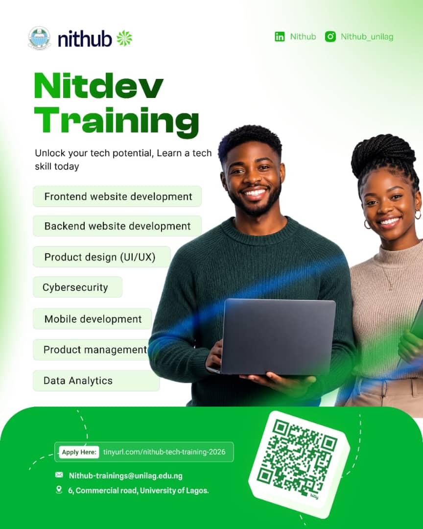 UnilagNigeria's tweet photo. Nithub UNILAG (@nithub_lag) holds Incredible Programmes for Secondary School Students and Undergrads

Take a peek:
1. Coding Bootcamp for Secondary School Students
2. Nitdev Training
3. Data &amp; AI courses

Visit 👉🏽https://t.co/jBCAl79oS7 for more details. https://t.co/kfh9o6dAeY