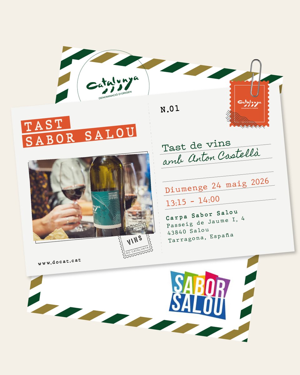 DOCatalunya's tweet photo. Vine a gaudir d’un tast de vins molt especial de la mà del secretari de la #DOCatalunya, l'Anton Castellà, a la Fira Sabor Salou 2026!

📅 Diumenge 24 de maig de 2026
⏰ 13:15h – 14h
📍 Carpa Sabor Salou - Passeig de Jaume I, 4

Brinda amb nosaltres! 🥂

#ViCatalà #SaborSalou https://t.co/T2OemF66J1