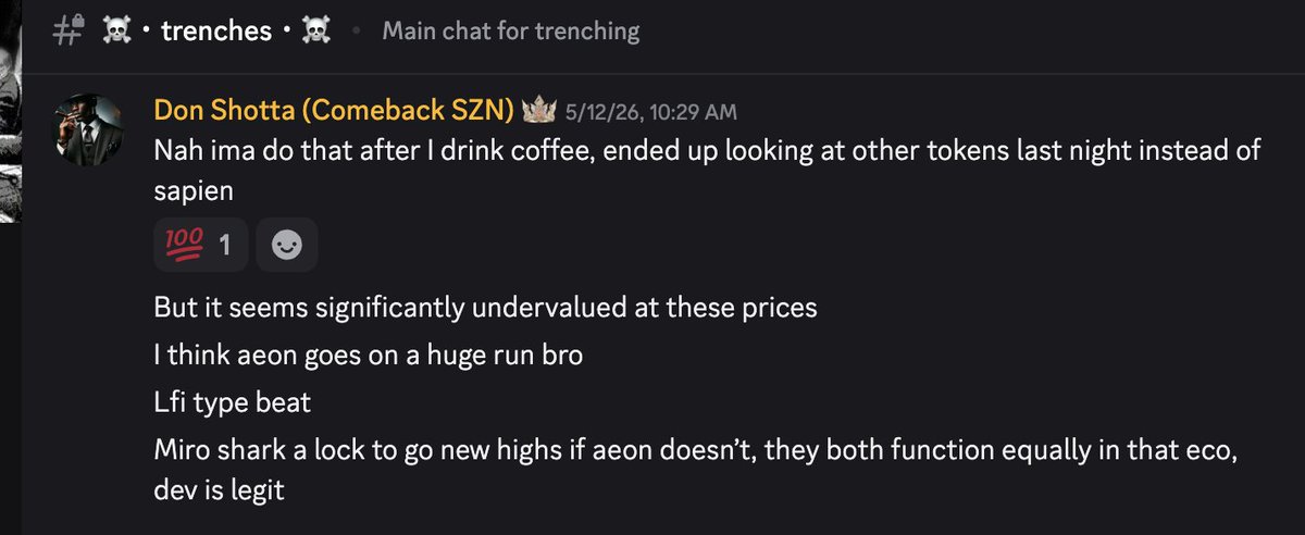 shilluminatidao's tweet photo. Spam ca's then flex early call son the timeline, that's that lil boy shit. We drop the facts with a thesis, load the clip and from there it's on you to pull the trigger.

Unless you know the G-way handshake when we go to shake hands mans cant trust u

$Aeon $Miroshark https://t.co/Fz8cAT0I82