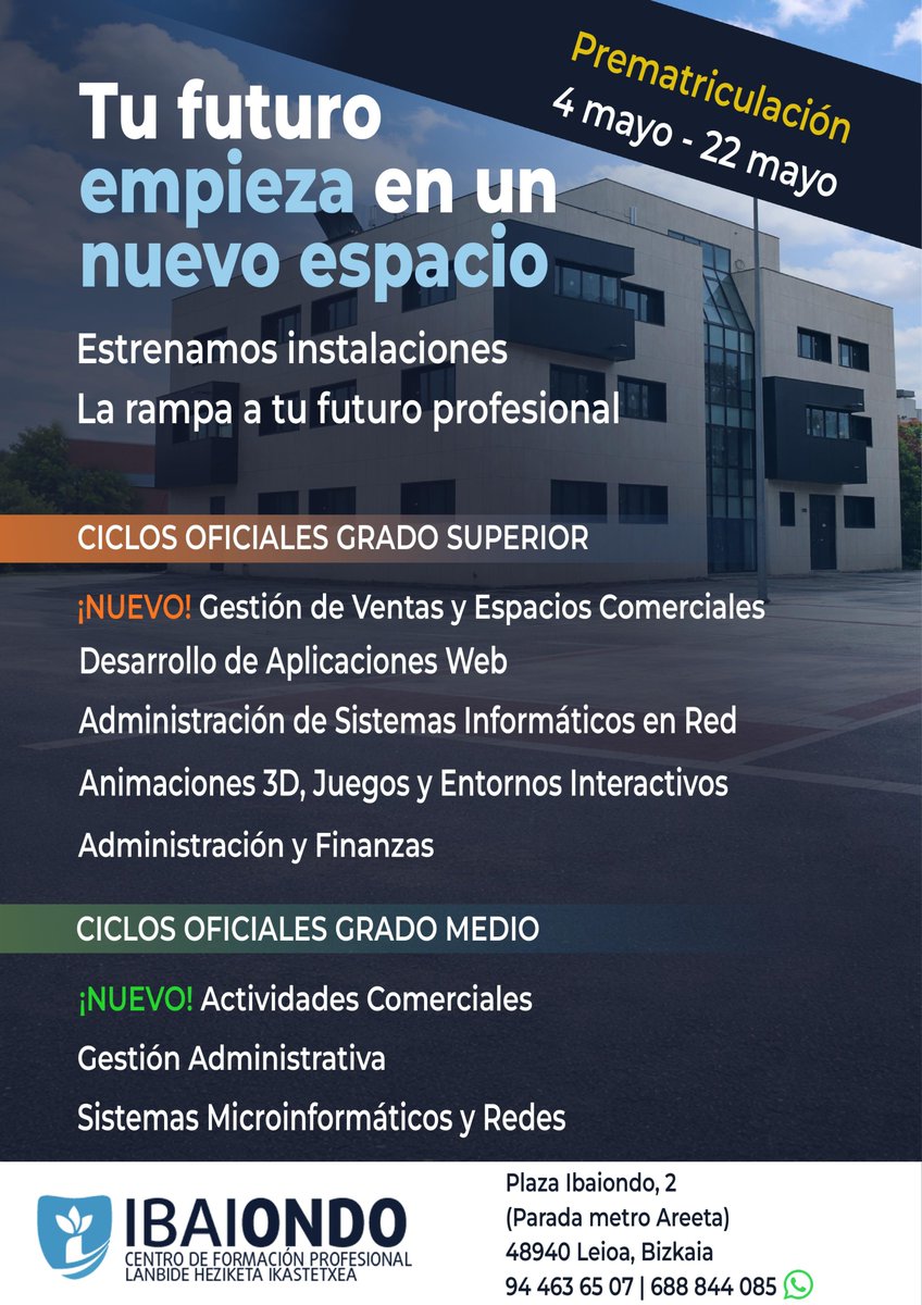 IbaiondoFP's tweet photo. 🚨 Si una de tus opciones es Formación Profesional
¡Recuerda que tienes hasta el 22 de mayo para realizar la prematrícula!
@IbaiondoFP Pertsonak hezten ditugu, profesionalak sortzen ditugu !
#FP  #FPDeFuturo #IbaiondoFP #Educación https://t.co/5pY8PC3u5U
