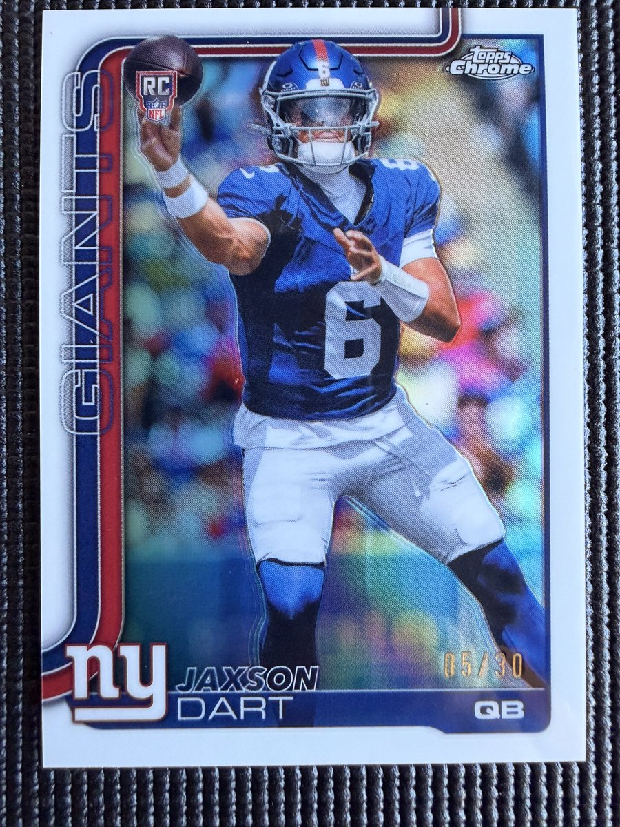 TD31's tweet photo. Fun story…my wife went to Walmart and grabbed me a Topps Chrome blaster. Ripped it with my son and this came out! JAXSON DART white refractor /30!! For sale and listed on eBay! @CardPurchaser https://t.co/XVvpXn3le4