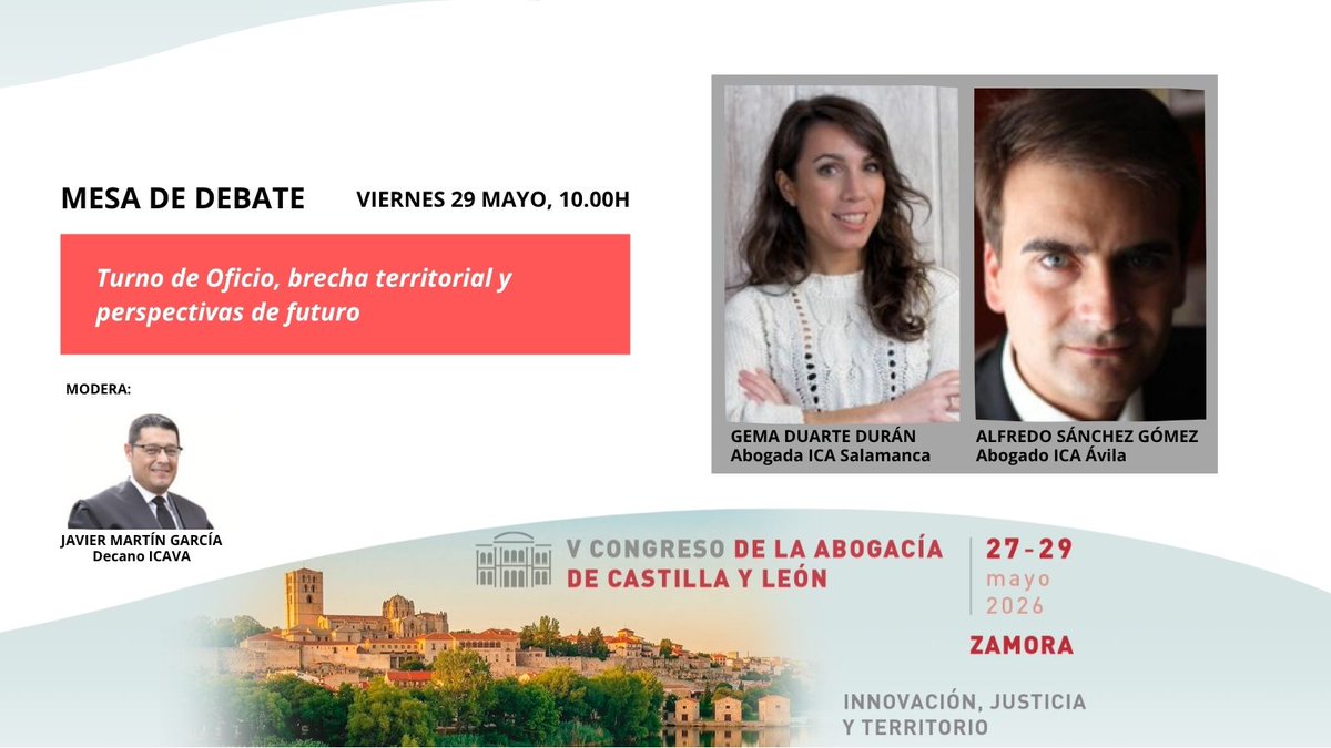 Abogacia_CyL's tweet photo. El Turno de Oficio, la brecha territorial y su futuro llegan al #VCongresoCACYL 

🧵 Abre hilo y conoce a los participantes de esta mesa de debate 

⏰ Viernes 29, 10.00h 
🗓️ 27–29 mayo | #Zamora 

Inscríbete 👉 https://t.co/V9GKIlHZxS 

#InnovaciónJusticiayTerritorio https://t.co/fvm9Q9qTj6