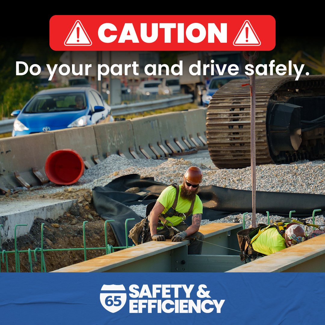 I65SE's tweet photo. Caution: Active construction zone! Safety isn’t an option; it’s a must. 

Always drive with caution, watch your speed, and drive like your friends and family are at work. 

Find upcoming lane restrictions and closure information at https://t.co/bpoy0k96ud. https://t.co/rSUTq38pFg