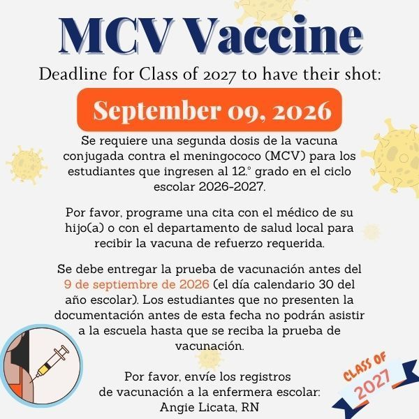 SoLeeHS's tweet photo. Attention Class of 2027!  The MCV vaccine is required for 12th grade. Be sure to get your second dose by September 9, 2026. Schedule your appointment early and turn in your proof to avoid any delays. https://t.co/JOrHrQPtBg
