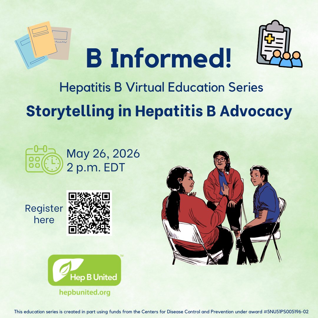HepBFoundation's tweet photo. #WEBINAR: B Informed! Storytelling in Hepatitis B Advocacy
Join @HepBUnited for a session in recognition of #HepatitisAwarenessMonth
Featuring #JustB and #BtheVoice storytellers &amp; vaccine storytelling communities

📅 May 26 | 2 p.m. EDT
REGISTER 👉 https://t.co/lhGPxhpMdU https://t.co/z02f8wA1lx