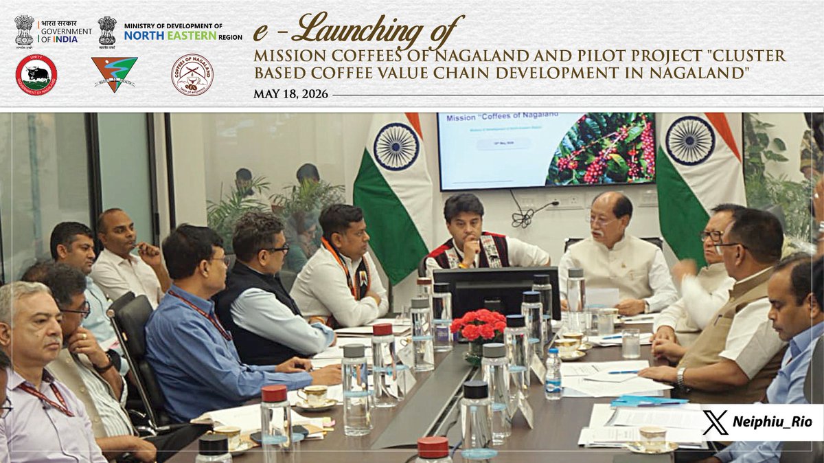 Neiphiu_Rio's tweet photo. Jointly launched “Cluster-based Coffee Value Chain Development in Nagaland” project in a virtual prog. with Union Min. @MDoNER_India, Shri @JM_Scindia Ji, in the presence of MoS DoNER, Shri @DrSukantaBJP, Dy. CM Shri @TRZeliang, Adv. Shri @G_IkutoZhimomi &amp; reps of @CoffeeboardI. https://t.co/qpONOSZEnb