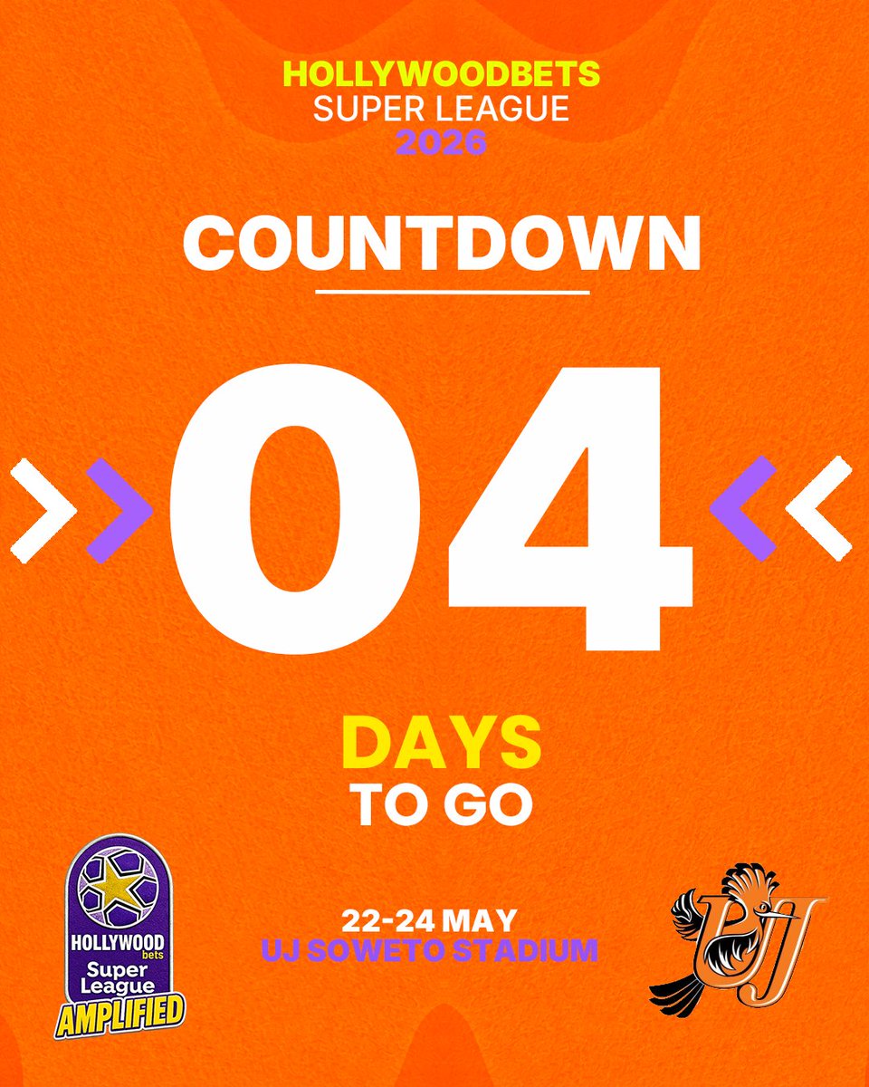 UJ_Sport's tweet photo. 𝐇𝐨𝐥𝐥𝐲𝐰𝐨𝐨𝐝𝐛𝐞𝐭𝐬 𝐒𝐮𝐩𝐞𝐫 𝐋𝐞𝐚𝐠𝐮𝐞 𝟐𝟎𝟐𝟔 ⚽🧡 

𝟒 𝐃𝐀𝐘𝐒 𝐓𝐎 𝐆𝐎 ⏳ 

The Hollywoodbets Super League action is coming to UJ Soweto Stadium from 22–24 May as the opening rounds of the new season get underway. 🔥 https://t.co/fhQvNRyot2
