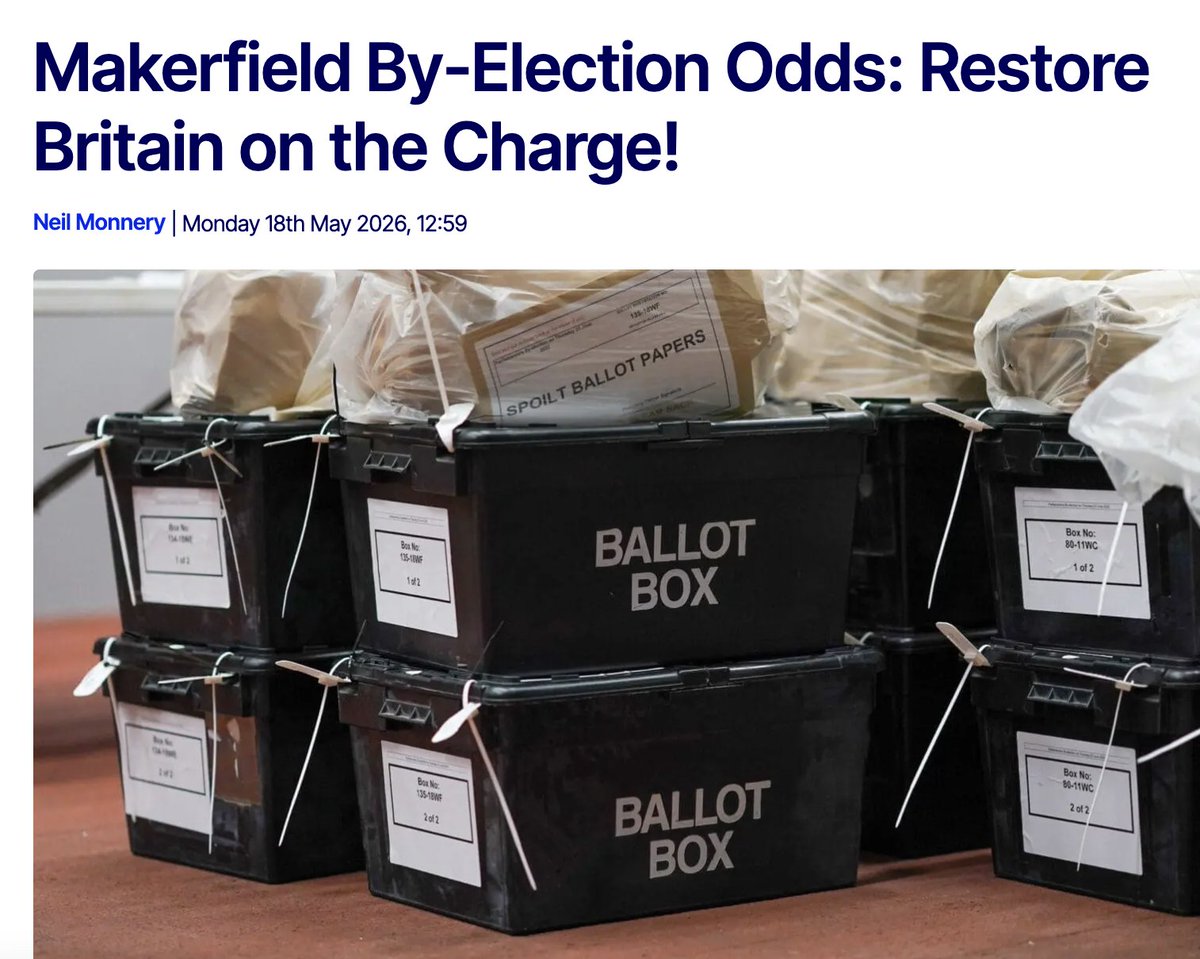 RestoreBritain's tweet photo. "When the Betfred traders first uploaded the Makerfield by-election market last Thursday evening, Restore Britain weren’t even priced up.

They were put in afterwards at 50/1 and were backed into 33s relatively quickly. This morning their leader - former Southampton FC chairman Lowe - has announced that local businesswomen Rebecca Shepherd will contest the election for the party and the betting market purred with a flurry of activity that has seen their candidate move to just 9/1 to cause a political earthquake."

We can win this.