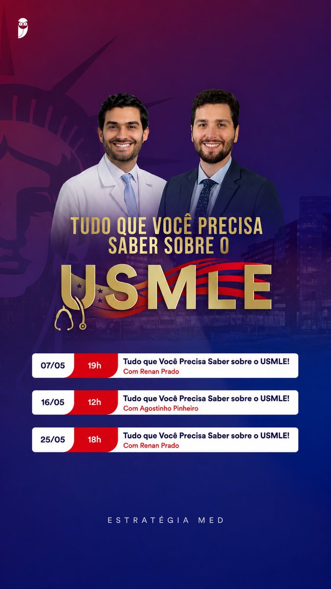 estramedlucas's tweet photo. Quer entender como funciona o caminho para a residência médica nos EUA? 🇺🇸🩺

O Estratégia MED vai realizar encontros sobre o USMLE com orientações importantes para quem quer iniciar essa jornada.

🎟️ USE O CUPOM: 𝗗𝗘𝗦𝗖𝗢𝗡𝗧𝗢𝗟𝗨𝗖𝗔𝗦

#USMLE #EstratégiaMED #Medicina https://t.co/wHitft5TZG