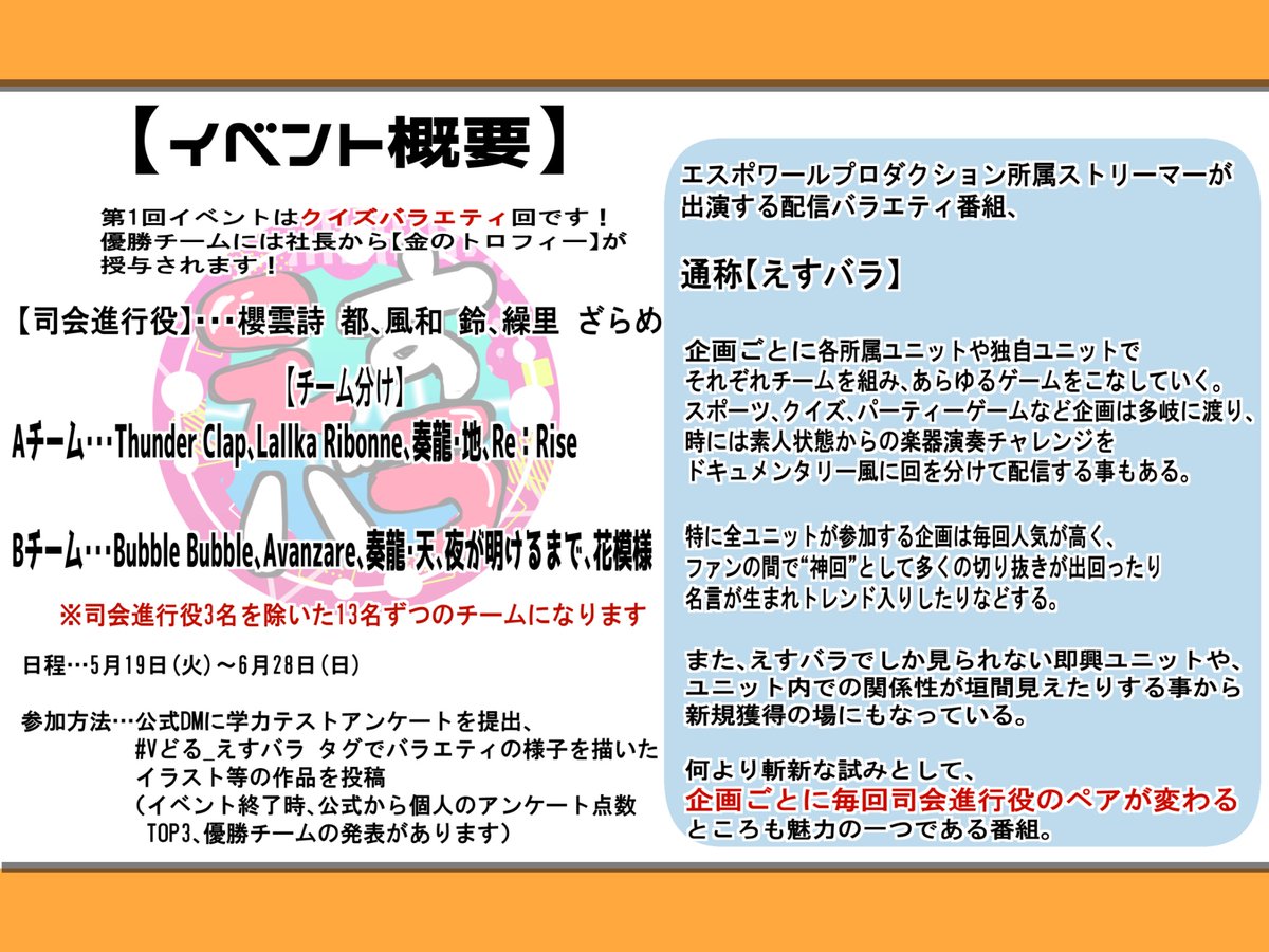 Vdol_TL's tweet photo. 【第一回イベント】
エスプロ所属ストリーマーが出演する配信バラエティー番組『えすバラ』始動！
記念すべき第一回の全員集合配信は【クイズバラエティー】！
#Vどる_えすバラ
を使って配信の様子などを投稿可能です！
ぜひご活用ください！
#Vどる_公式 https://t.co/SMRJ7qozeX