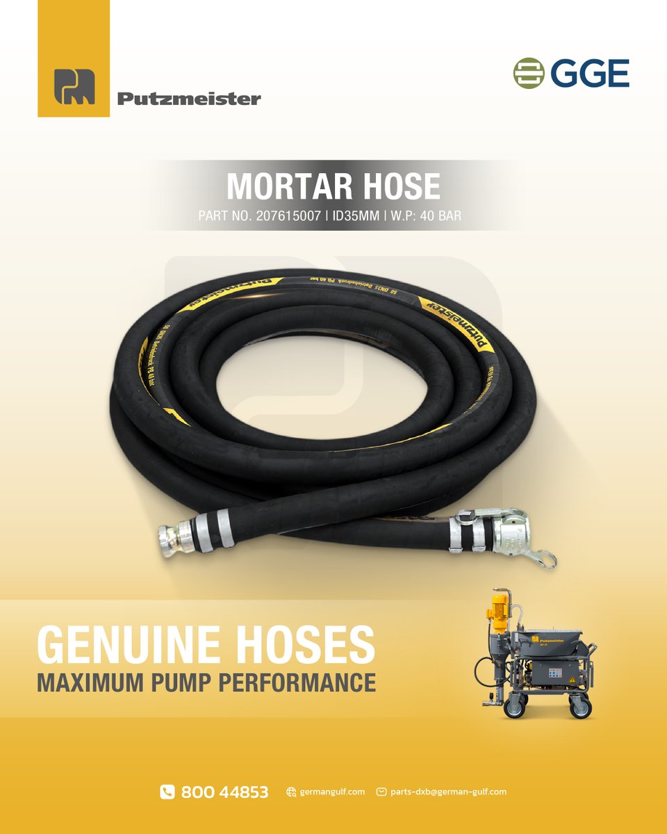 GermanGulfEnt's tweet photo. The hose that keeps your pour moving.

Authorised Putzmeister dealer German Gulf Enterprises keeps key mortar hoses ready: 40 BAR, 13.3 m, 35 mm ID, reinforced.

DM for availability or call 800‑GGULF.
#PUTZMEISTER #GermanGulf https://t.co/ZxeUU7znD5