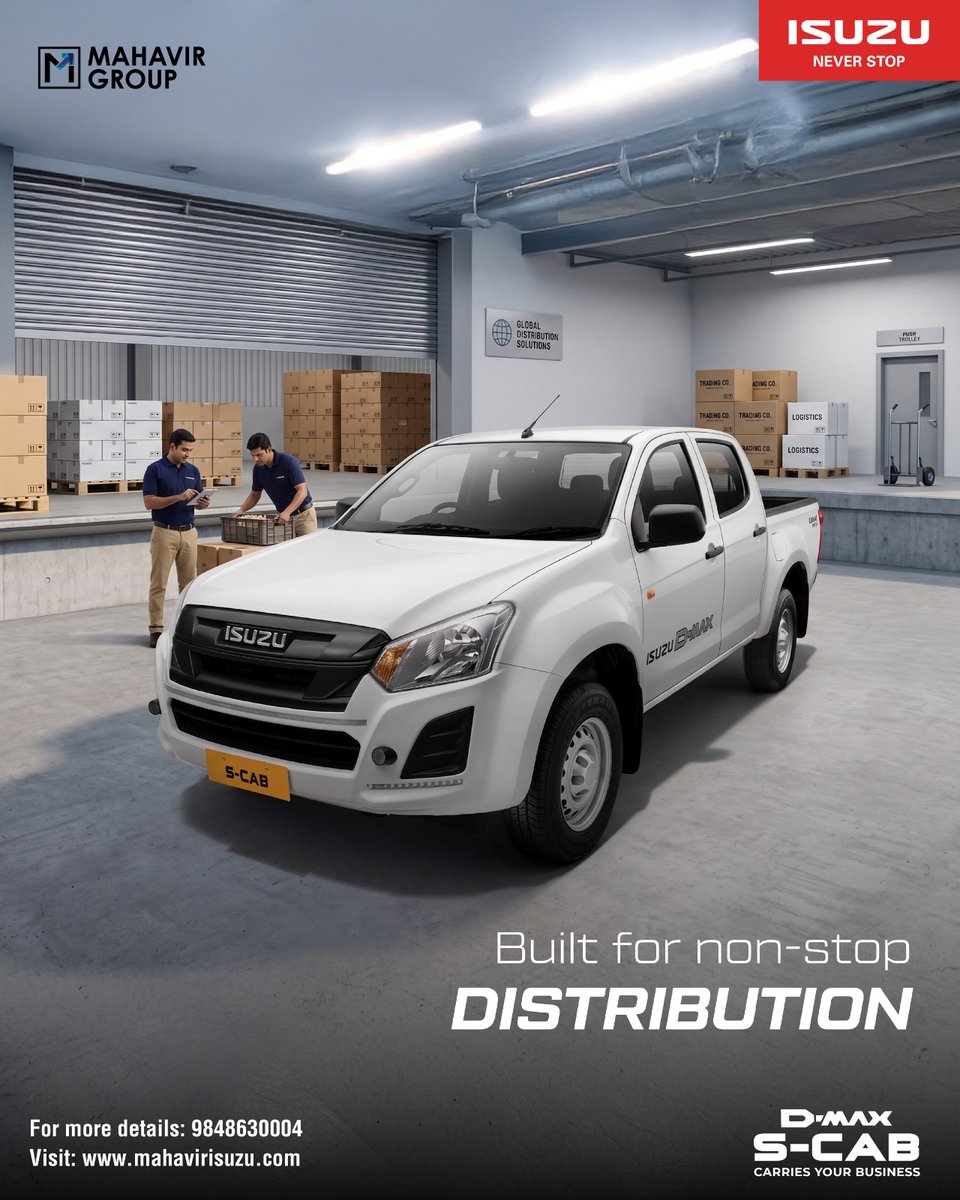 ISUZUHyderabad's tweet photo. Reliable through busy schedules, demanding deliveries, heavy workloads, and long working hours — the Isuzu D-MAX S-CAB handles it all.
Call: 9848630004. 
#MahavirISUZU #ISUZU #ISUZUscab #Scab #IsuzuDMax #DMax #PartnerforSuccess #ISUZUneverstop #ISUZUmotorsIndia https://t.co/DcGcQRbdQM