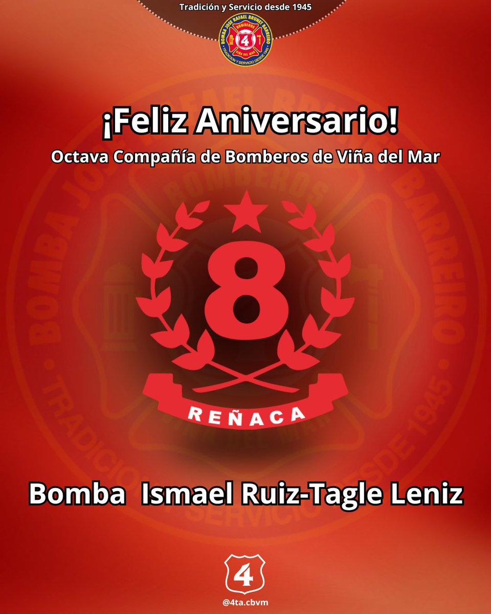 4ta_cbvm's tweet photo. ¡Feliz 46° Aniversario, Octava Compañía de Bomberos de Viña del Mar! 👨🏻‍🚒

Enviamos un afectuoso y fraternal saludo a la Octava Compañía que hoy cumplen 1 año mas al servicio de la comunidad.

★ Tradición y Servicio desde 1945 ★ https://t.co/XP5a4jwx1i