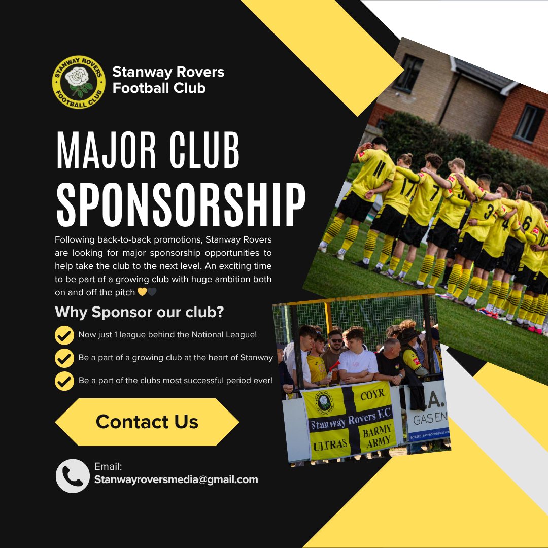StanwayRovers's tweet photo. 💛🖤 From Step 5 to Step 3 in just two seasons 📈

We’re now looking for major sponsorship opportunities to help propel the club forward 🚀

Back-to-back promotions now leave we just ONE league below the National League South!

Can we go again?

#WeAreStanway #nonleaguefootball https://t.co/qGOXgEFPbd