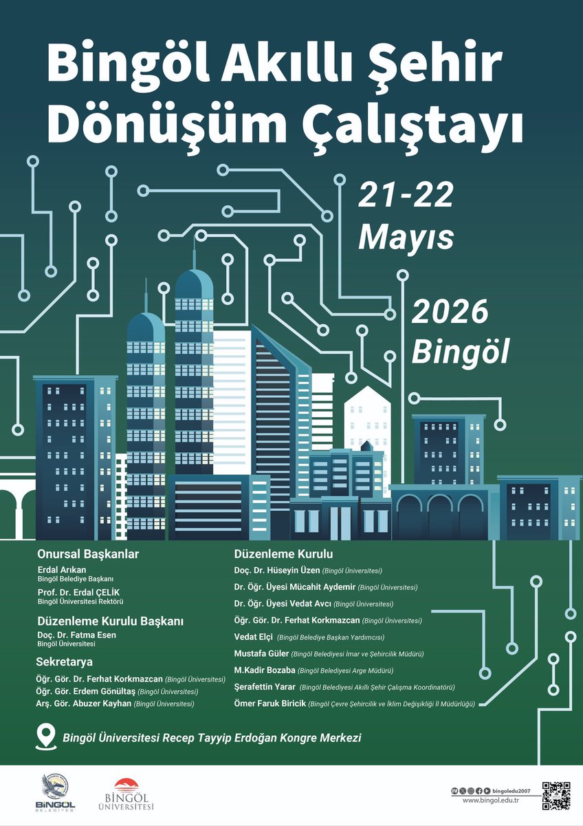 bingolbel's tweet photo. 📍 Akıllı Şehir Dönüşüm Çalıştayı

Belediyemiz ve Bingöl Üniversitesi iş birliğinde düzenlenecek “Bingöl Akıllı Şehir Dönüşüm Çalıştayı”, 🗓️ 21-22 Mayıs tarihlerinde 📌 Recep Tayyip Erdoğan Kongre Merkezi’nde başlıyor.

🤝 Başkanımız Erdal Arıkan ile Bingöl Üniversitesi Rektörü Prof. Dr. Erdal Çelik’in onursal başkanlığını üstleneceği çalıştayda;

💡 Akıllı şehir uygulamaları
📊 Veri temelli yönetim
🚦 Ulaşım sistemleri
🌱 Çevre ve sürdürülebilirlik
🏙️ Yerel kalkınma

başlıkları ele alınacak.

🧠 Ortak akıl ve sürdürülebilir şehircilik anlayışıyla gerçekleştirilecek çalıştay, Bingöl’ün dijital dönüşüm sürecine katkı sunacak. @Erdalarikan12 @ercelik2000 @bingoledu2007