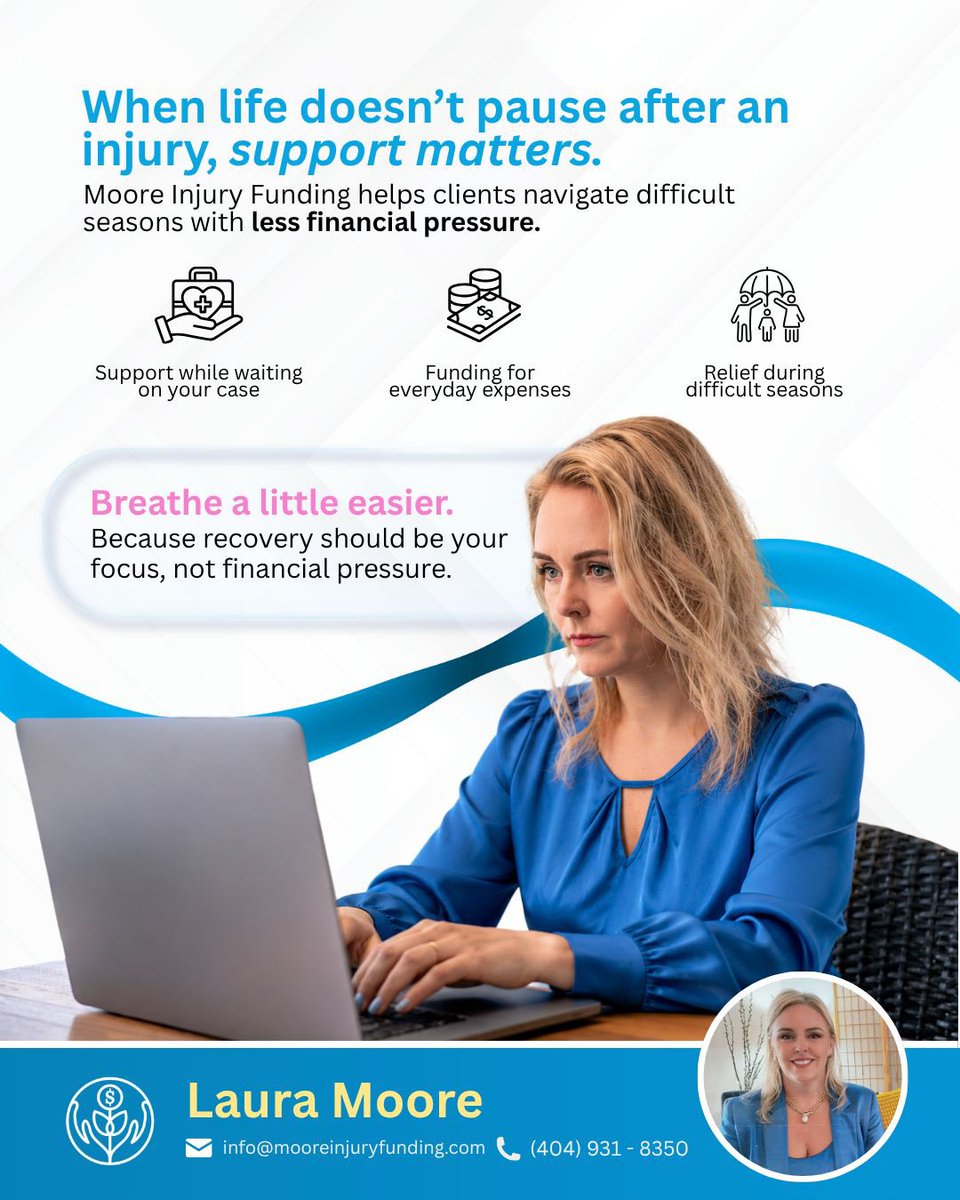 FundingMoore's tweet photo. When someone is waiting on a case to settle, life doesn’t suddenly pause.

The bills still come.
Medical expenses still add up.
And the financial pressure can feel overwhelming.

That’s why Moore Injury Funding offers support designed to help clients through difficult seasons. 🩵 https://t.co/dol39thlli
