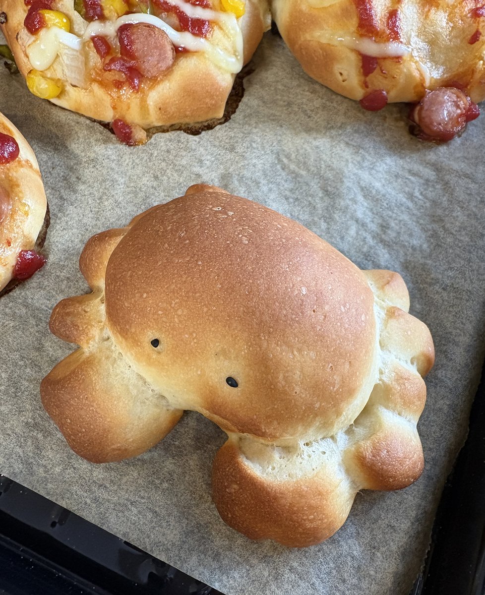 minchisan's tweet photo. まだ形成や焼き時間の調整が上手くいってないけどはじめてのカニパン。後ろの惣菜パンはなんかぐちゃぐちゃになってしまいました。でもおいしかった。 https://t.co/Smva9Z1CZw