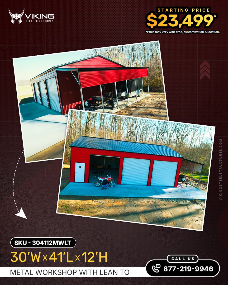 Viking_SteelStr's tweet photo. Need extra space for parking, storage, and a workshop? Our 30Wx41Lx12H #MetalWorkshop with Lean-To has you covered.

- 3 Garage Doors
- Walk-in Door
- Vertical Lean-To
- Vertical Roof &amp; more

Starting at $23,499*
Details: https://t.co/XilbRUpmq5

📞 877-219-9946 | SKU: 304112MWLT https://t.co/jLtGA0Njae