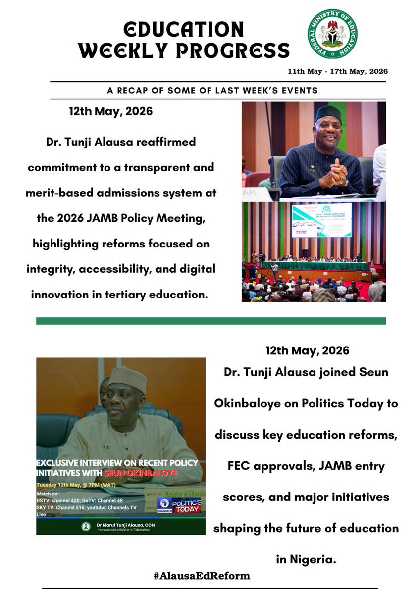 Musa_Jacob12's tweet photo. The weekly giant steps of the honourable minister of education @DrTunjiAlausa and the ministry of education @NigEducation.
It has been full of great reforms that can be seen yielding results. 
Kudos to Alausa and him team.
#AlausaEdReform https://t.co/20pX9jWBUQ