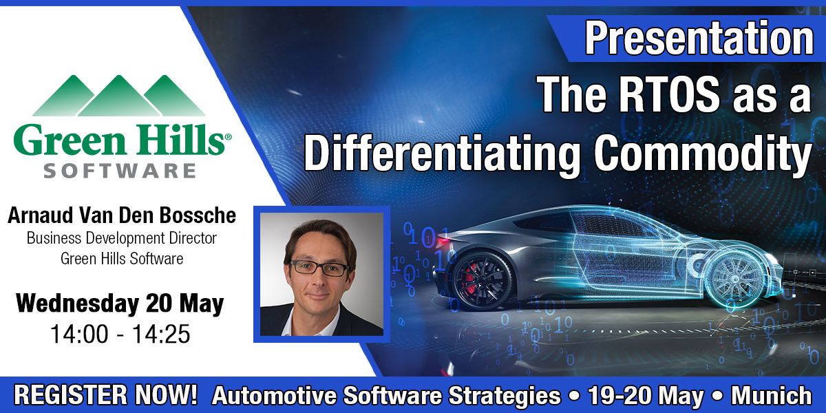 GreenHillsPR's tweet photo. In case you're attending "Automotive Software Strategies" then don't miss this presentation. Arnaud Van Den Bossche will explain why an RTOS can be a commodity and a differentiating asset as the same time.
For more information: https://t.co/gJO53wco2w

#embeddedsoftware https://t.co/r4aw9yFTIo