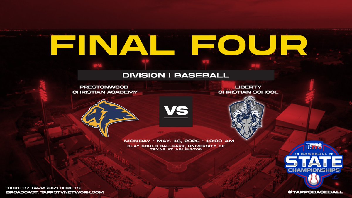 TAPPSBaseball's tweet photo. Good morning #TAPPSbaseball fans! It's the start of our final two divisions of 2026 here at Clay Gould Ballpark in Arlington! Get your tickets and join us for the Division I & II Semifinals, watch live on TAPPS TV or listen for free on TAPPS Radio! https://t.co/AG9RiBNDs0 https://t.co/i7au79xRqN