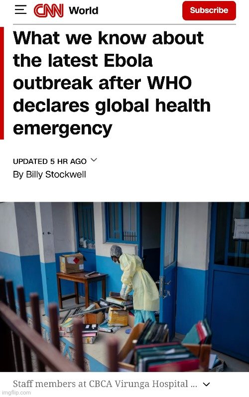 ViroLIEgy's tweet photo. I guess the "Hantavirus" scare didn't land, so we are on to Ebola now.

"Suspected deaths" makes it sound like health officials are standing over a body with a stick like, "Idk, they look pretty dead, but we’re waiting on the lab results to be sure." https://t.co/QLhS96a6nG