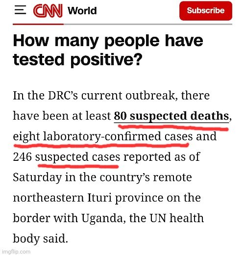 ViroLIEgy's tweet photo. I guess the "Hantavirus" scare didn't land, so we are on to Ebola now.

"Suspected deaths" makes it sound like health officials are standing over a body with a stick like, "Idk, they look pretty dead, but we’re waiting on the lab results to be sure." https://t.co/QLhS96a6nG