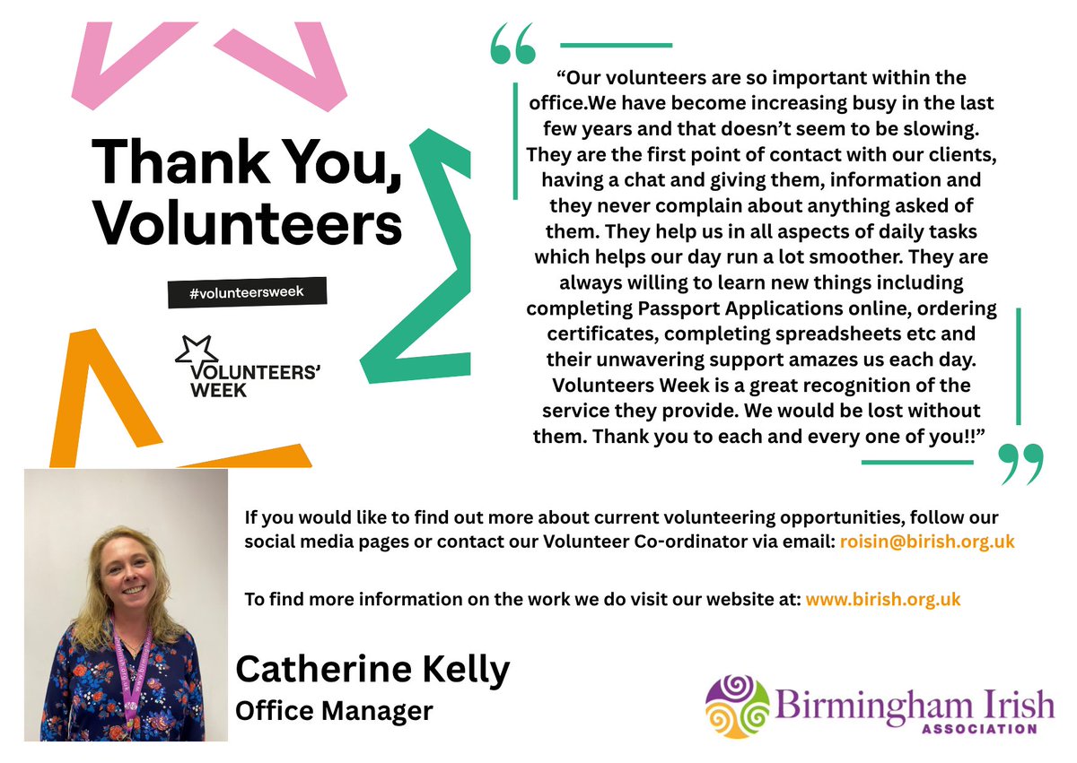 brumirish's tweet photo. Here’s a message from our amazing Office Manager Catherine 💚

A huge THANK YOU to every single one of our incredible volunteers for the time, energy, kindness and support you give throughout the year. ✨

#VolunteersWeek #ThankYouVolunteers #Community #MakingADifference #VolunteerAppreciation #birminghamirishassociation

@dfatirl @IrelandEmbGB @BhamCityCouncil