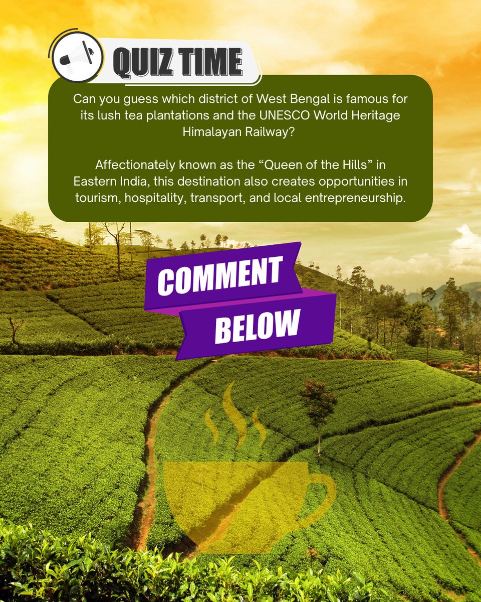 UtkarshBangla's tweet photo. From rolling tea gardens to a world-famous toy train, this beautiful destination in West Bengal is known as the “Queen of the Hills.”
👇 Drop your answer in the comments below and let’s see who gets it right!
#UtkarshBangla #quiztimechallenge #WestBengal #PBSSD https://t.co/CJ5nKPv3wq