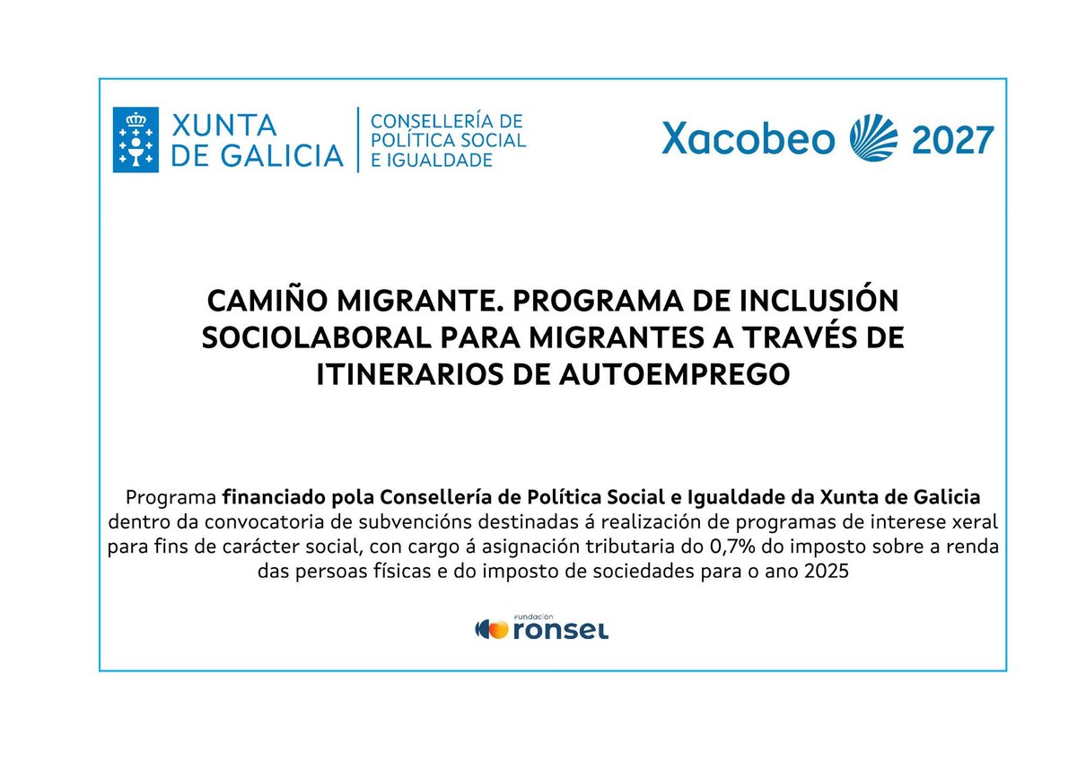 fundacionronsel's tweet photo. ✈️ Programa dirixido a favorecer a integración sociolaboral das persoas #migrantes, migrantes retornados e solicitantes de asilo a través de itinerarios persoalizados de #autoemprego

🤝🏾 Financiado con cargo a asignación tributaria do 0,7% do #IRPF e do #IS de 2025. https://t.co/YyPJnXA9lu