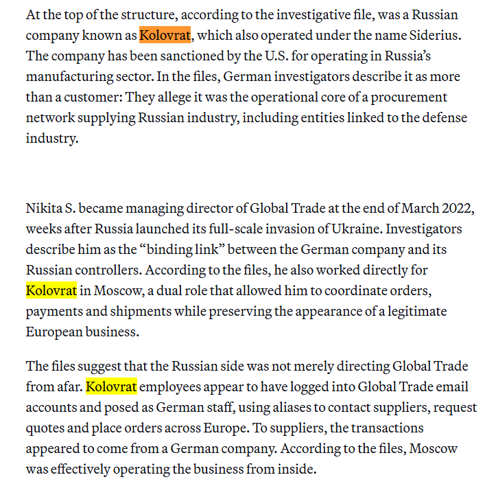 InformNapalm's tweet photo. Ironically, the #Moscow company allegedly coordinating sanctions evasion with a German firm was named “#Kolovrat.” In Russian usage, “kolovrat” is strongly associated with a swastika-style symbol widely used in ultranationalist and neo-Nazi circles. “Kolovrat” is also the name of one of Russia’s most notorious neo-Nazi bands from Moscow, glorifying the Russian Liberation Army (ROA), which fought for the Third Reich during WWII. A reminder: #Putin launched the full-scale invasion of Ukraine under the propaganda slogan of “denazification.”

FYI @POLITICOEurope